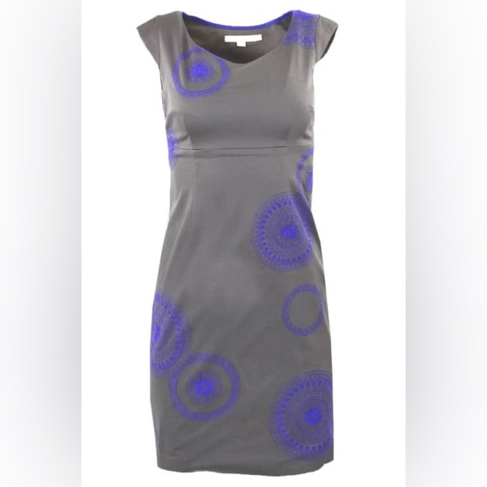 Boden Gray Sheath Dress Purple Embroidered Mandala accents Size 6L